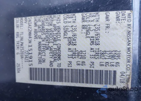 2018 Nissan Murano S z USA, uszkodzony, nr VIN 5N1AZ2MH4JN151915